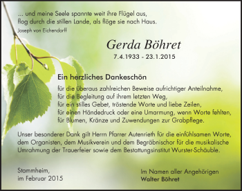 Traueranzeige von Gerda Böhret von Schwarzwälder Bote