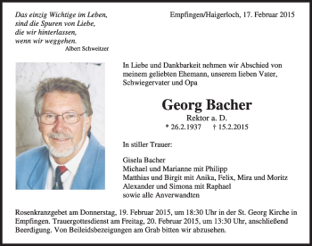 Traueranzeige von Georg Bacher von Schwarzwälder Bote