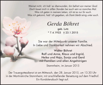 Traueranzeige von Gerda Böhret von Schwarzwälder Bote