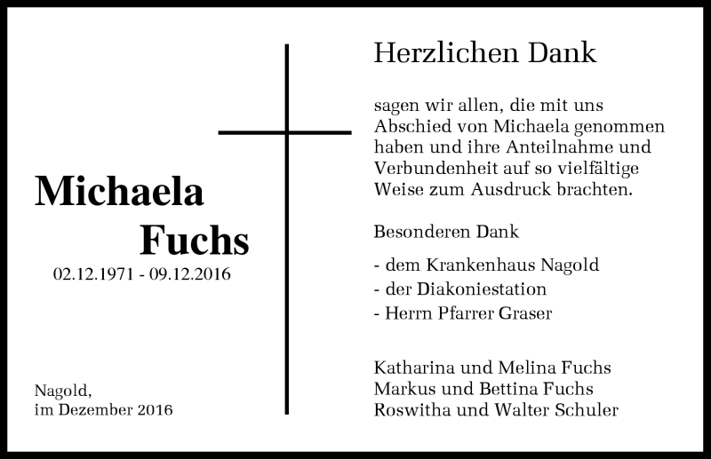 Traueranzeige für Michaela Fuchs vom 24.12.2016 aus Schwarzwälder Bote