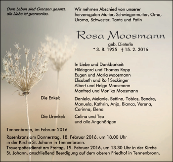 Traueranzeige von Rosa Moosmann von Schwarzwälder Bote