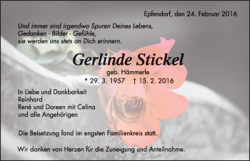 Traueranzeige von Gerlinde Stickel von Schwarzwälder Bote