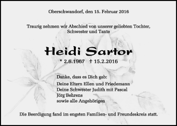 Traueranzeige von Heidi Sartor von Schwarzwälder Bote