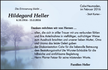 Traueranzeige von Hildegard Heller von Schwarzwälder Bote