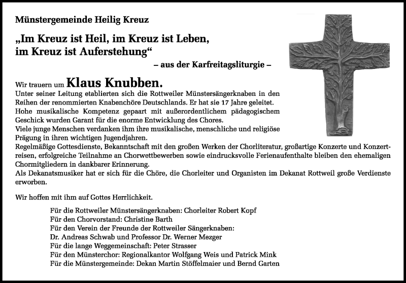  Traueranzeige für Klaus Knubben vom 18.03.2016 aus Schwarzwälder Bote