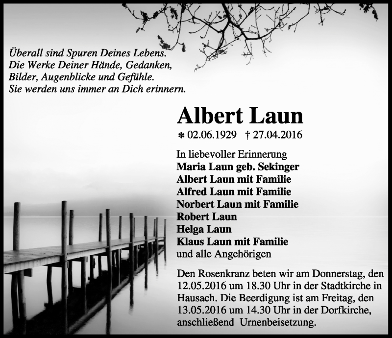  Traueranzeige für Albert Laun vom 09.05.2016 aus Schwarzwälder Bote