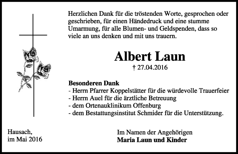  Traueranzeige für Albert Laun vom 21.05.2016 aus Schwarzwälder Bote