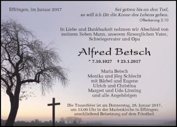 Traueranzeige von Alfred Betsch von Schwarzwälder Bote