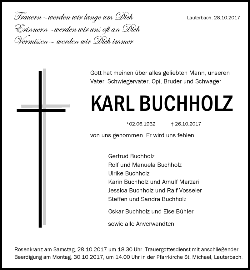  Traueranzeige für Karl Buchholz vom 28.10.2017 aus Schwarzwälder Bote