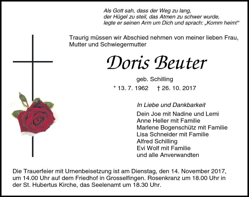  Traueranzeige für Doris Beuter vom 11.11.2017 aus Schwarzwälder Bote