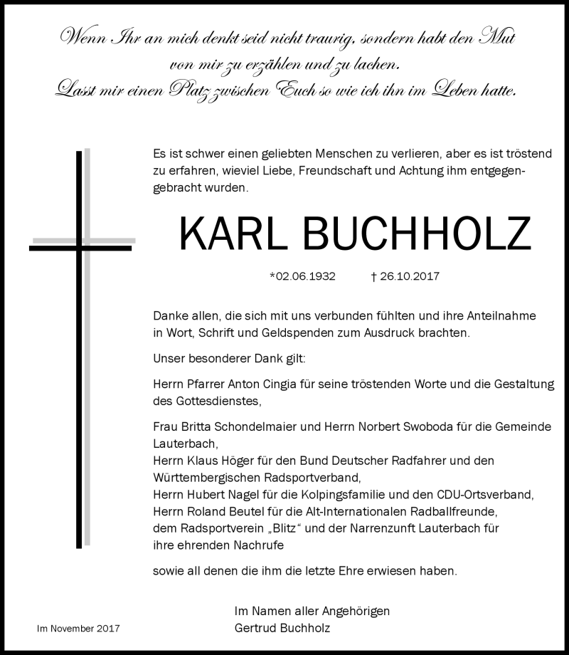  Traueranzeige für Karl Buchholz vom 11.11.2017 aus Schwarzwälder Bote