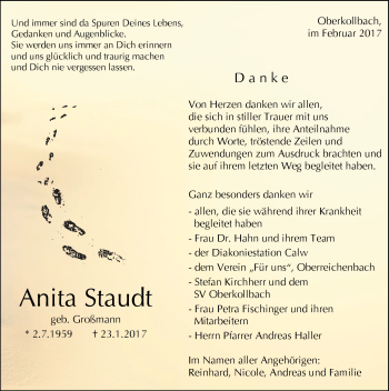 Traueranzeige von Anita Staudt von Schwarzwälder Bote