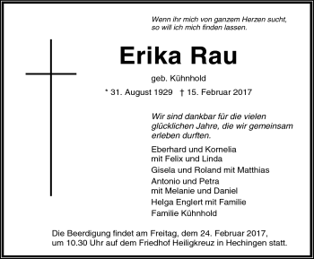 Traueranzeige von Erika Rau von Schwarzwälder Bote