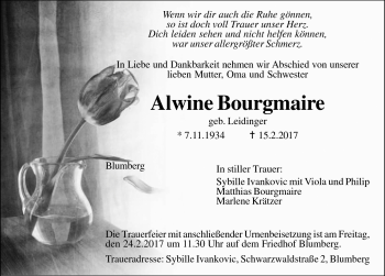 Traueranzeige von Alwine Bourgmaire von Schwarzwälder Bote