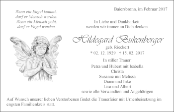 Traueranzeige von Hildegard Bukenberger von Schwarzwälder Bote