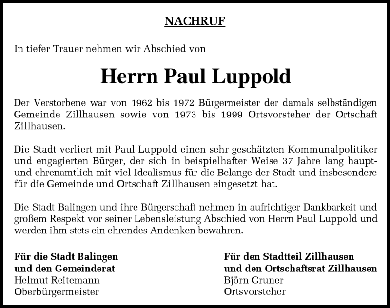  Traueranzeige für Paul Luppold vom 25.03.2017 aus Schwarzwälder Bote