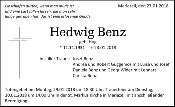 Traueranzeige von Hedwig Benz von Schwarzwälder Bote