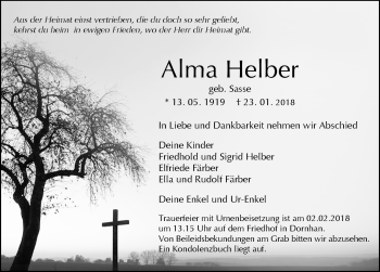 Traueranzeige von Alma Helber von Schwarzwälder Bote
