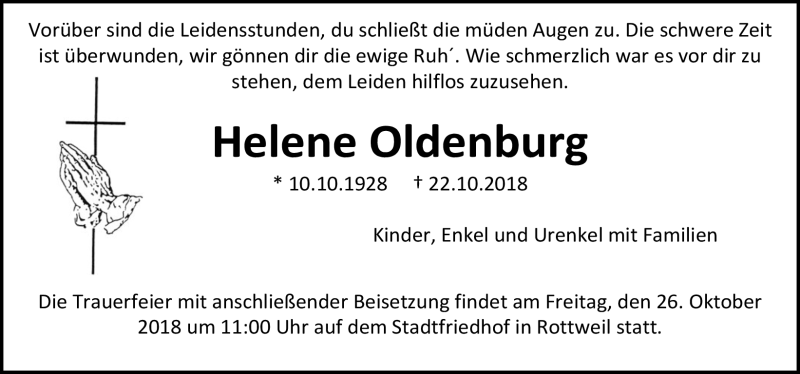 Traueranzeigen von Helene Oldenburg Schwarzwälder Bote Trauer