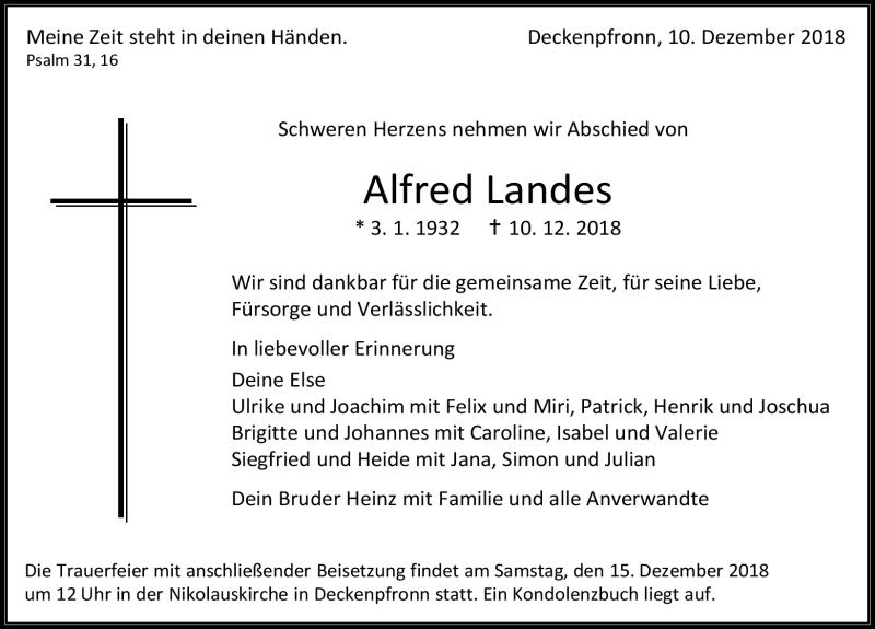  Traueranzeige für Alfred Landes vom 13.12.2018 aus Schwarzwälder Bote