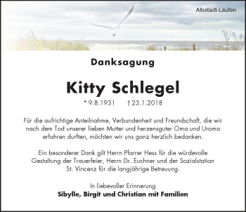 Traueranzeige von Kitty Schlegel von Schwarzwälder Bote