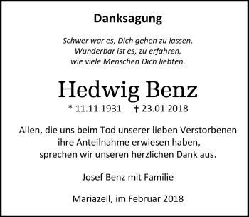 Traueranzeige von Hedwig Benz von Schwarzwälder Bote