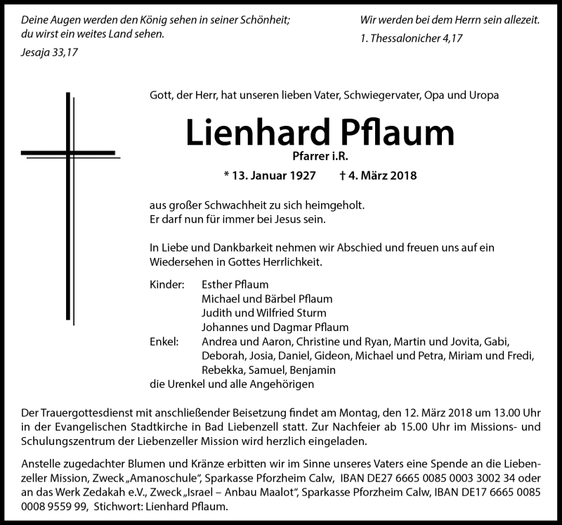  Traueranzeige für Lienhard Pflaum vom 08.03.2018 aus Schwarzwälder Bote