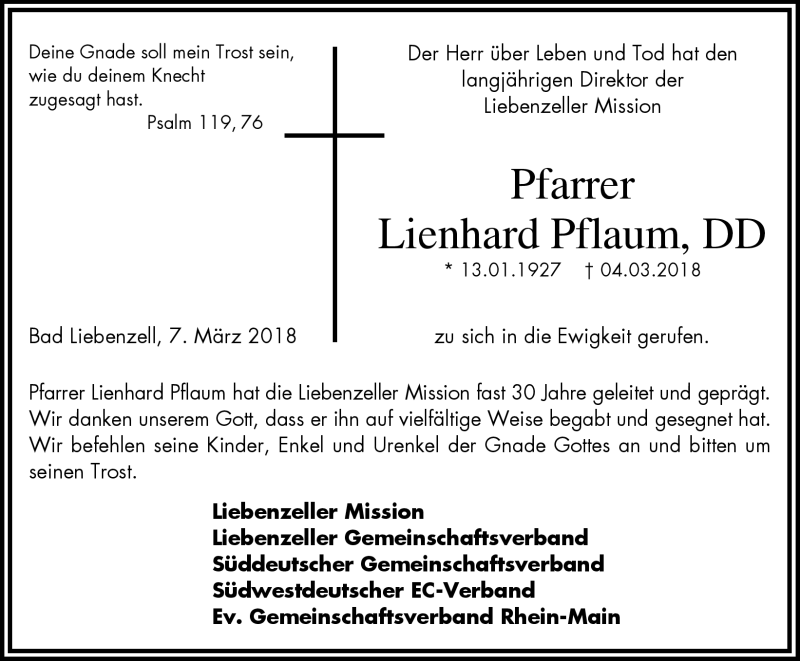  Traueranzeige für Lienhard Pflaum vom 09.03.2018 aus Schwarzwälder Bote