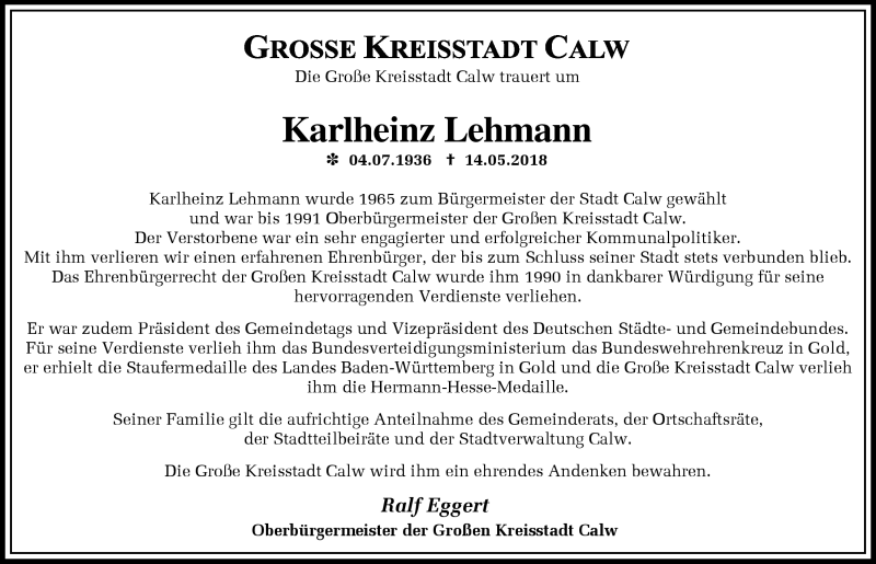  Traueranzeige für Karlheinz Lehmann vom 18.05.2018 aus Schwarzwälder Bote