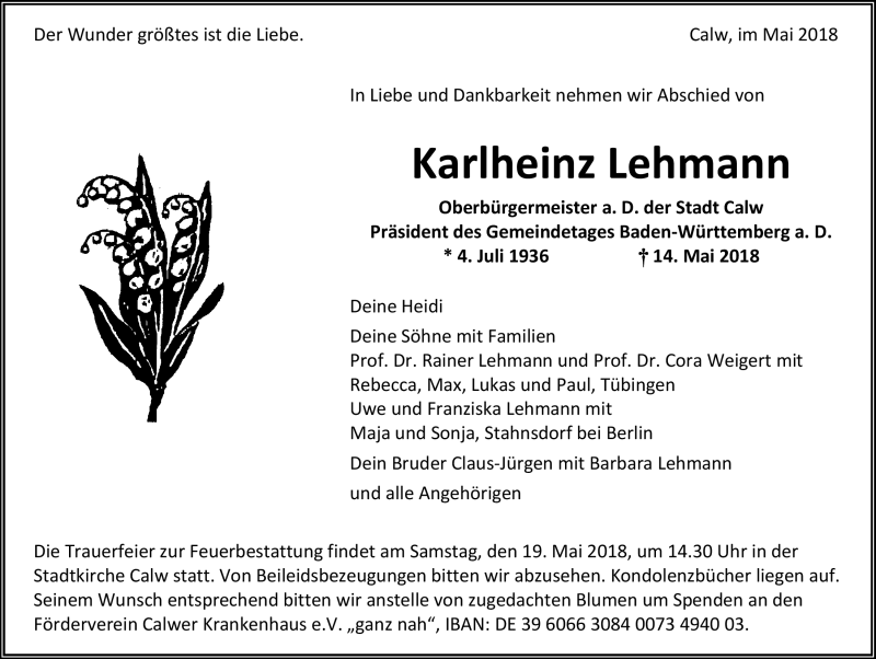  Traueranzeige für Karlheinz Lehmann vom 17.05.2018 aus Schwarzwälder Bote