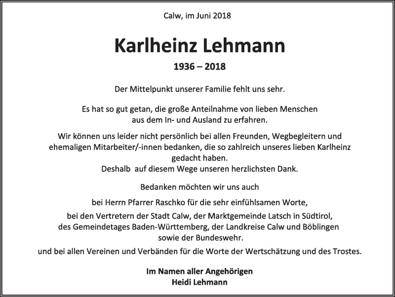  Traueranzeige für Karlheinz Lehmann vom 16.06.2018 aus Schwarzwälder Bote