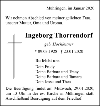 Traueranzeige von Ingeborg Thorrendorf von Schwarzwälder Bote