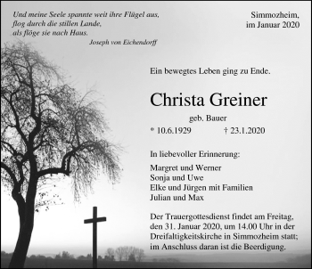 Traueranzeige von Christa Greiner von Schwarzwälder Bote