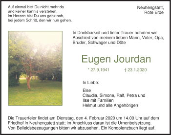 Traueranzeige von Eugen Jourdan von Schwarzwälder Bote