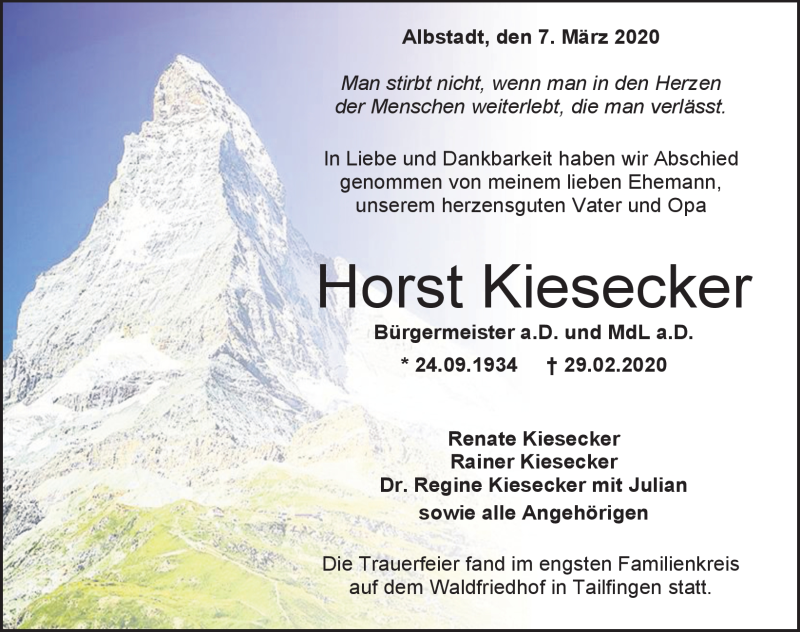  Traueranzeige für Horst Kiesecker vom 07.03.2020 aus Schwarzwälder Bote