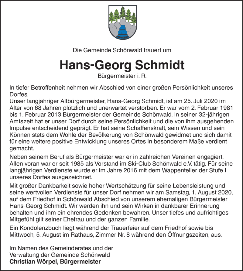  Traueranzeige für Hans-Georg Schmidt vom 29.07.2020 aus Schwarzwälder Bote