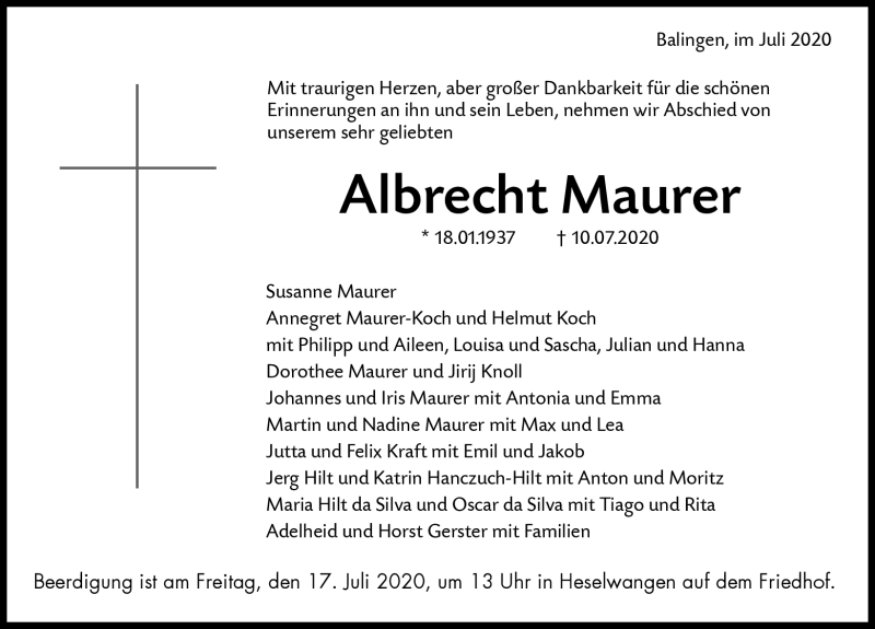 Traueranzeigen von Albrecht Maurer Schwarzwälder Bote Trauer