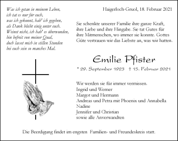 Traueranzeige von Emilie Pfister von Schwarzwälder Bote