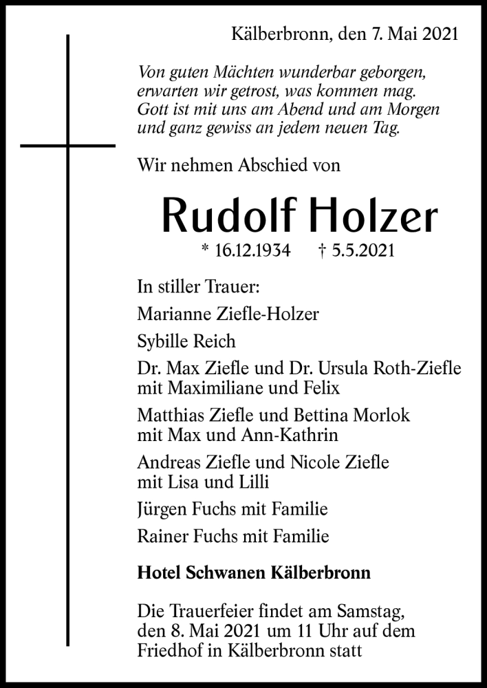  Traueranzeige für Rudolf Holzer vom 07.05.2021 aus Schwarzwälder Bote