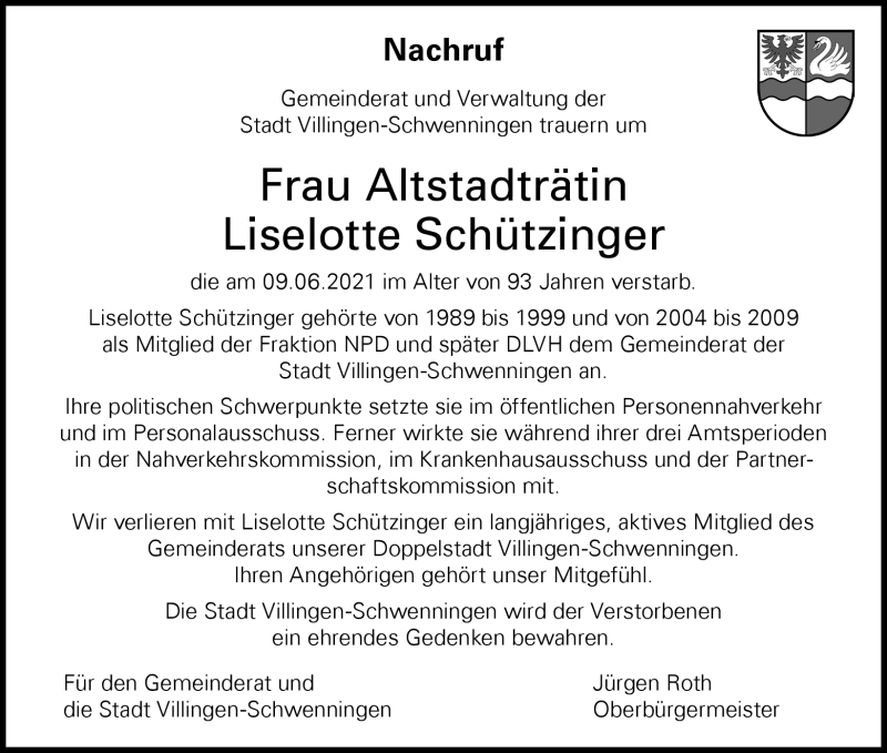  Traueranzeige für Liselotte Schützinger vom 21.06.2021 aus Schwarzwälder Bote