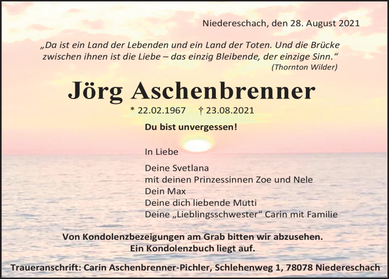  Traueranzeige für Jörg Aschenbrenner vom 28.08.2021 aus Schwarzwälder Bote