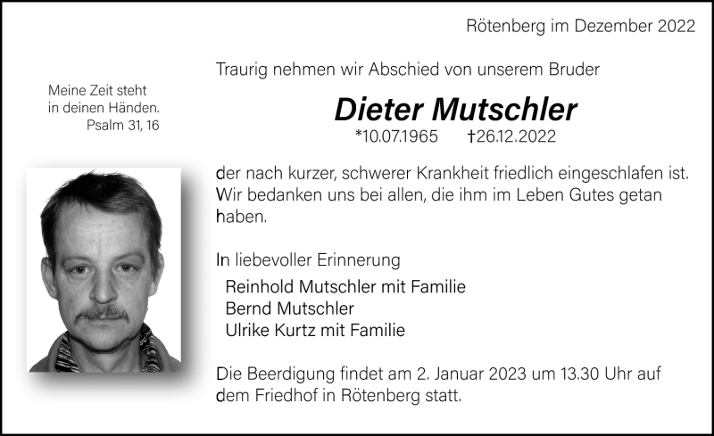 Traueranzeigen von Dieter Mutschler Schwarzwälder Bote Trauer