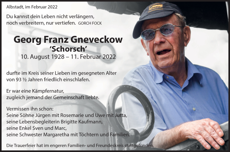  Traueranzeige für Georg Franz Gneveckow vom 19.02.2022 aus Schwarzwälder Bote