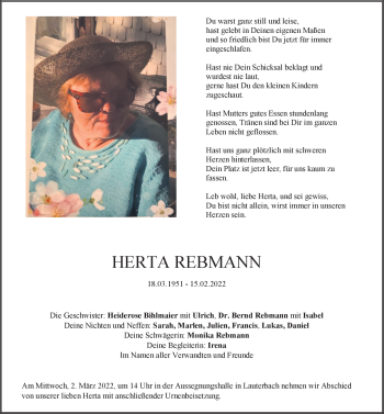 Traueranzeige von Herta Rebmann von Schwarzwälder Bote