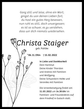 Traueranzeige von Christa Staiger von Schwarzwälder Bote