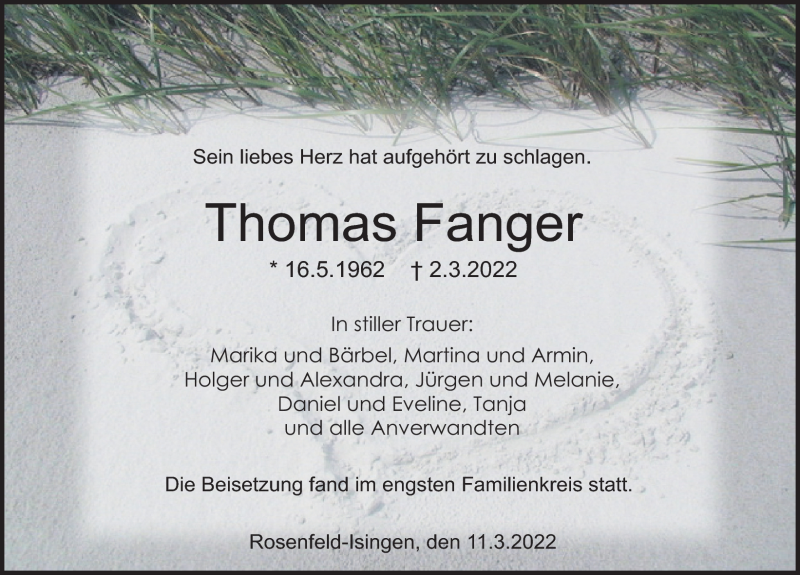  Traueranzeige für Thomas Fanger vom 11.03.2022 aus Schwarzwälder Bote