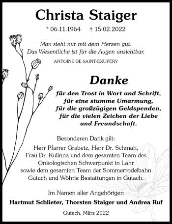 Traueranzeige von Christa Staiger von Schwarzwälder Bote