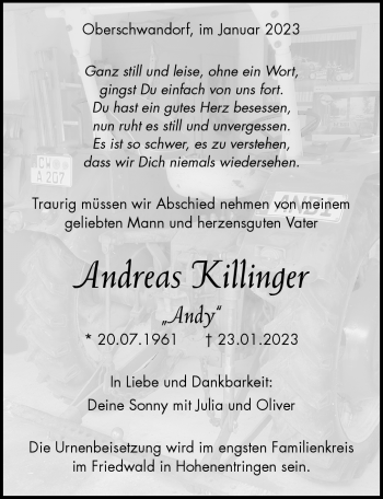 Traueranzeige von Andreas Killinger von Schwarzwälder Bote
