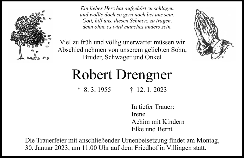  Traueranzeige für Robert Drengner vom 21.01.2023 aus Schwarzwälder Bote