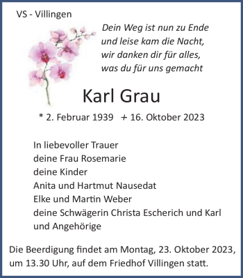 Traueranzeige von Karl Grau von Schwarzwälder Bote